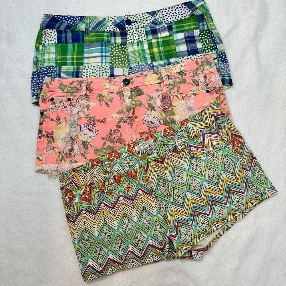 Bundle of colorful short shorts, floral denim, patchwork, frayed hem, size 15‌‌‌